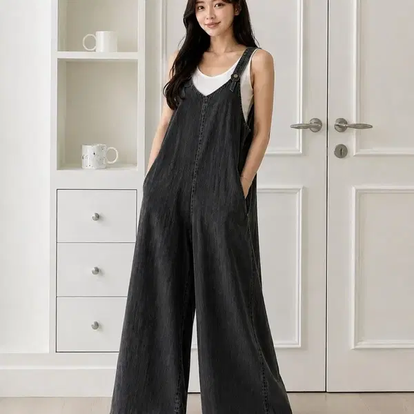 청 데님 와이드 점프수트
