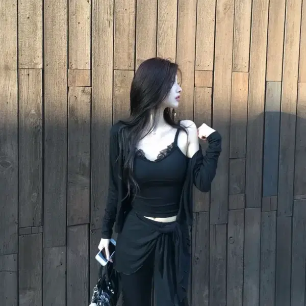 쓰리셋업 나시 가디건 레이스랩팬츠 부츠컷 매듭레이어드 스판 세트 3피스
