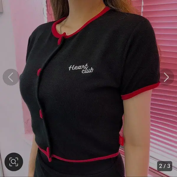 믹스엑스믹스 하트클럽 블랙 레드 배색 하트단추 니트 투피스 스커트 세트 셋업 - 2번째 이미지