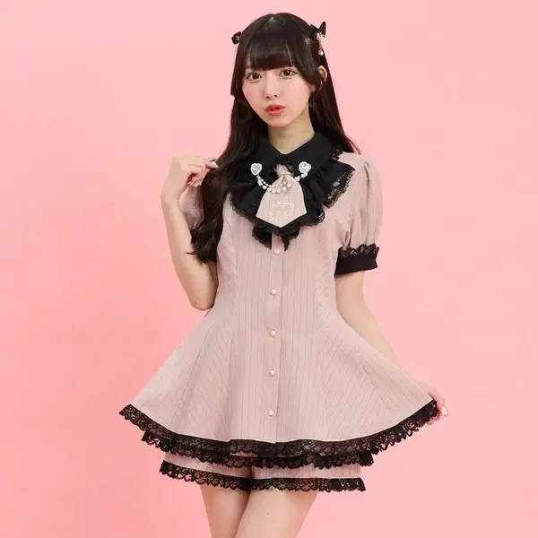 시크릿허니 러플 넥타이 반팔 셋업 - 4번째 이미지