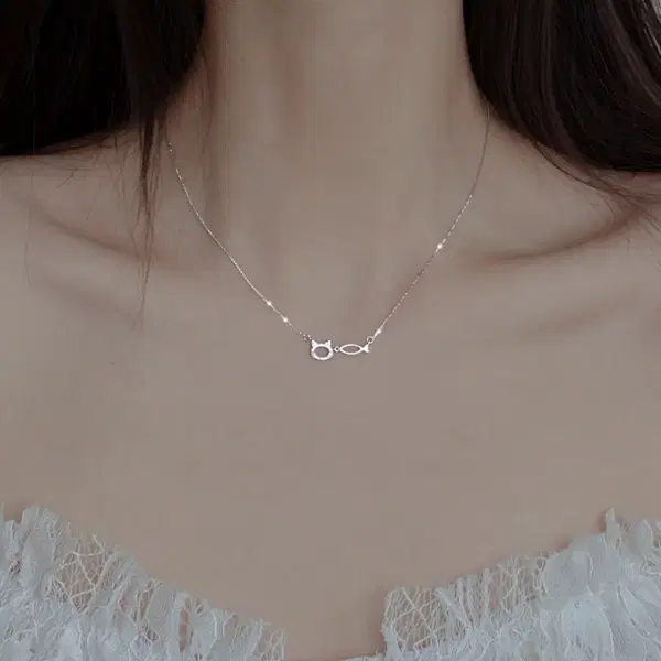 고양이 물고기 펜던트 실버 목걸이